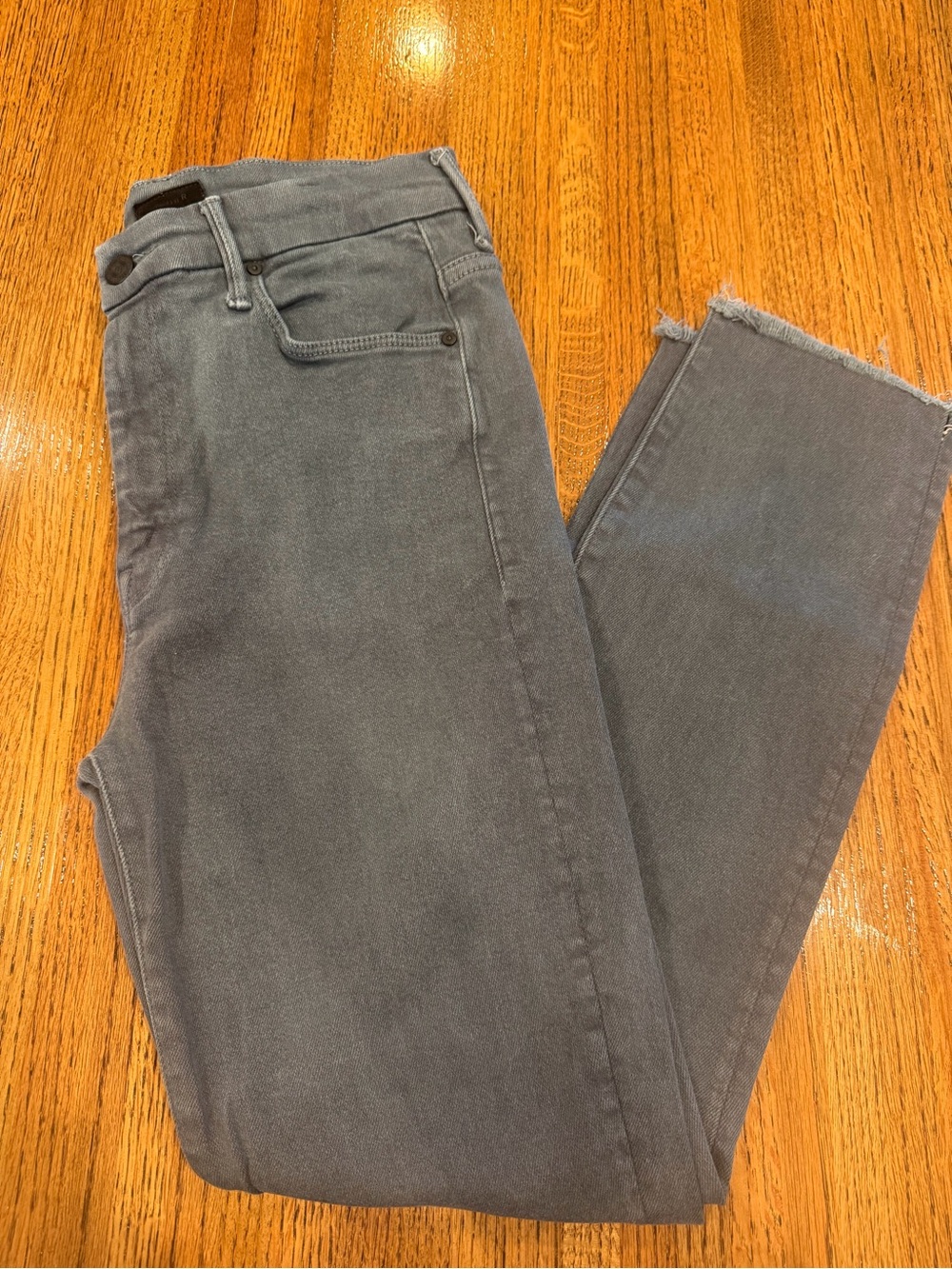 MOTHER High-Rise Straight Gray Jeans with Frayed Hem